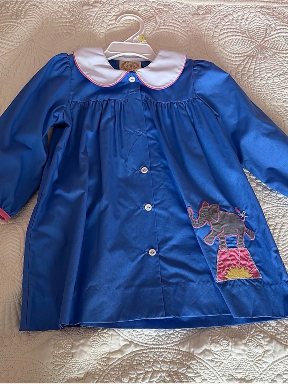Blue Girls' Peter Pan Collar Dress with Elephant Applique